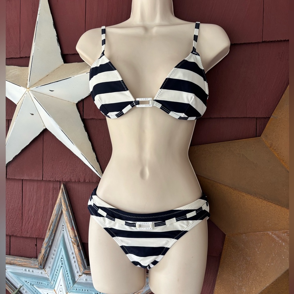 Vtg 90s Tommy Hilfiger 2 Pc Navy Blue Striped Bikini Bathing Suit Set Size L